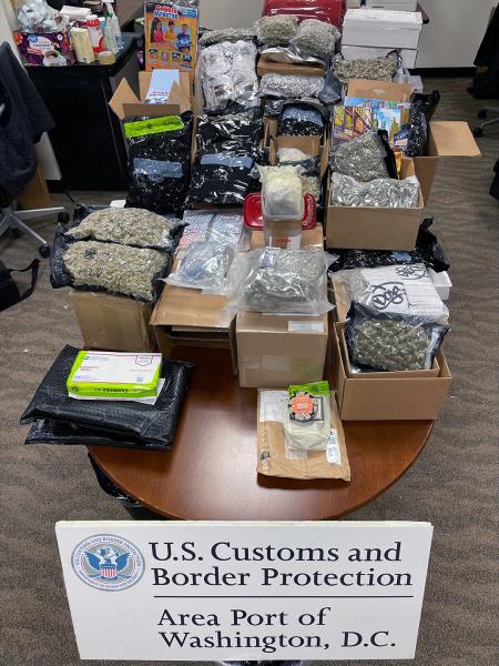 Customs and Border Protection officers at Washington Dulles International Airport seized a combined 150 pounds of marijuana across 100 separate parcels on April 16-17, 2022 that were all destined to addresses in London.