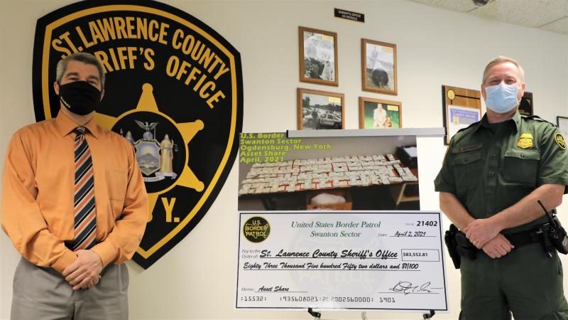 U.S. Border Patrol Swanton Sector presented the St. Lawrence County, N.Y. Sheriff’s Office a disbursement check for $88,532.81 on April 22, 2021, from an asset forfeiture following a bulk currency seizure on May 27, 2020.