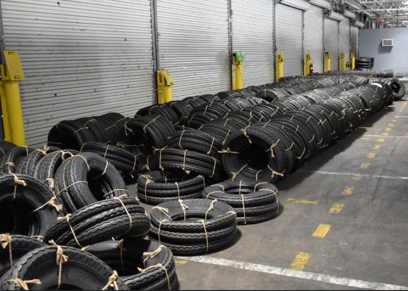 About 4,000 non-compliant tires from China line the floor of CBP's Centralized Examination Station in Philadelphia May 24, 2019.