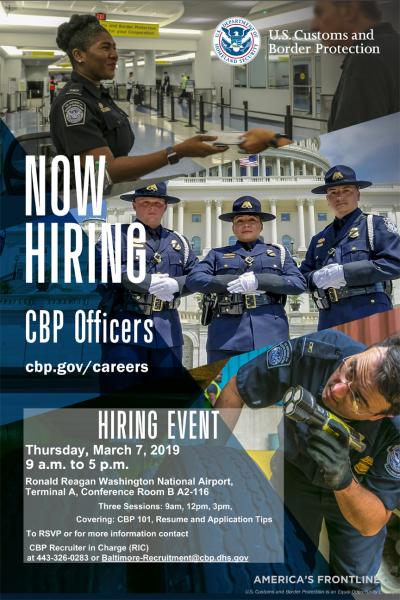 Flyer announcing CBP hiring workshop at Ronald Reagan National Airport March 7, 2019.