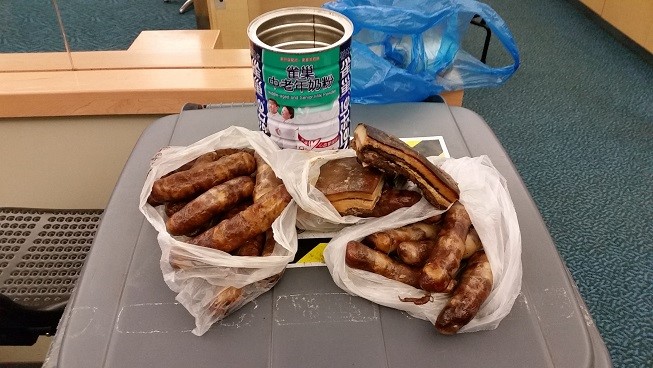 CBP agriculture specialists discovered pork belly meat and pork sausages in baby formula and milk powder containers.