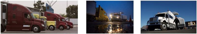 Three images of Trucks at different border crossings. The first image has a red truck, a yellow truck, then two red trucks lined up and parked. The second is two trucks at night with their headlights on. The third picture is of a while truck with a man walking in front of it. 