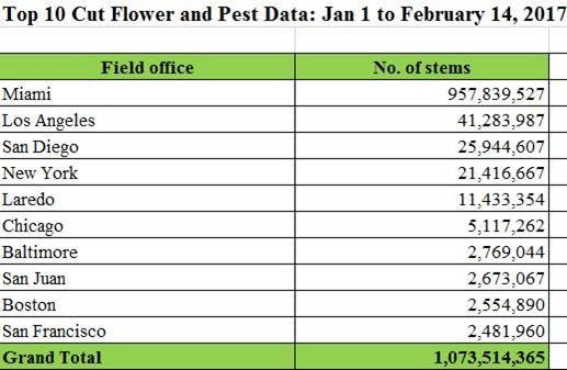 Top 10 Cut Flower and Pest Data: Jan. 1 to Feb. 14 2017