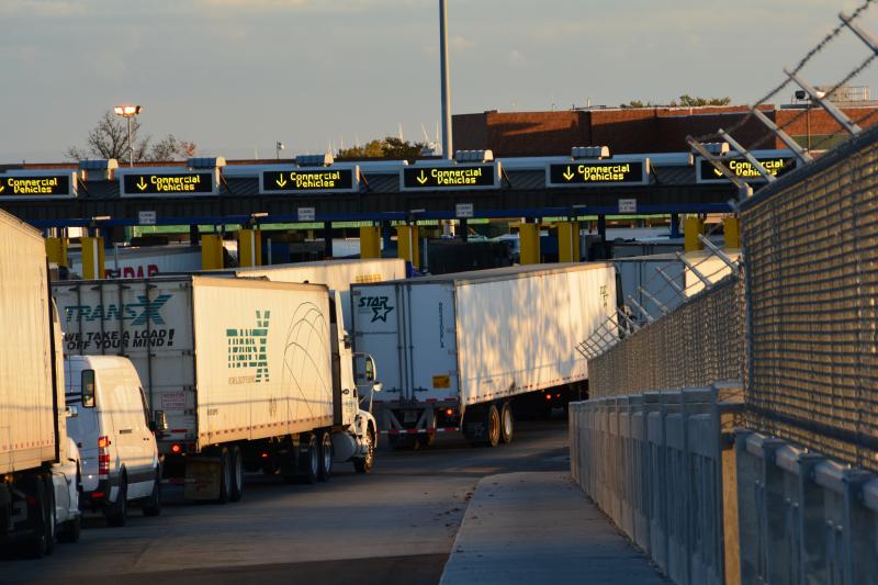 Commercial trucks enter U.S. Customs area at Peace Bridge 
