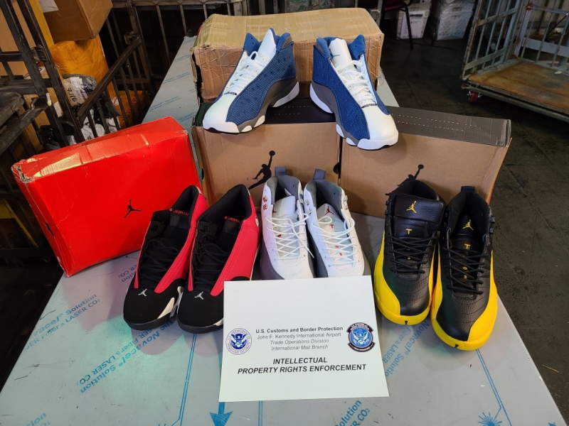 Suspected counterfeit footwear seized by CBP at the JFK International Mail Facility as part of Operation Mega Flex