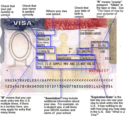 Image of VISA with arrows that describes the different parts of a VISA
